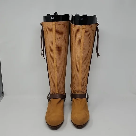 Anthropologie Bacio 61 Parpare Tan Perforated Leather Tall Ridding Boot Size 7 - Picture 2 of 6